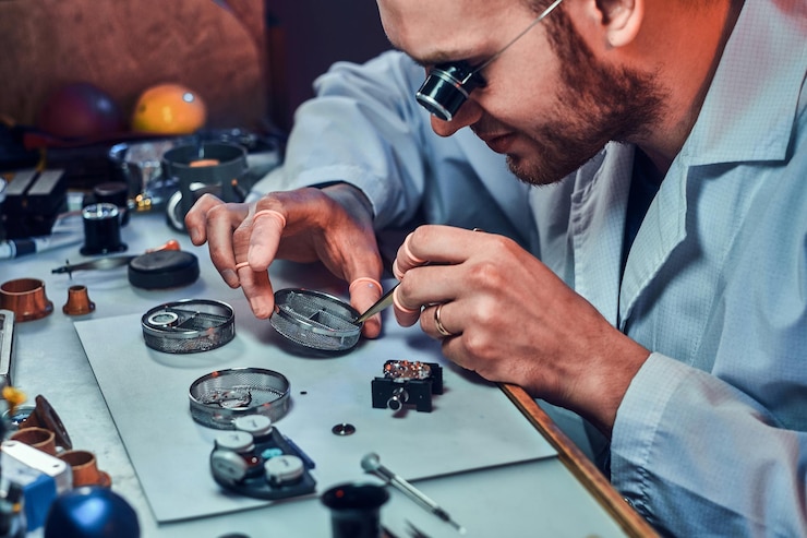 Arbeitsplatz eines Uhrmachers mit Werkzeug und Uhrwerk